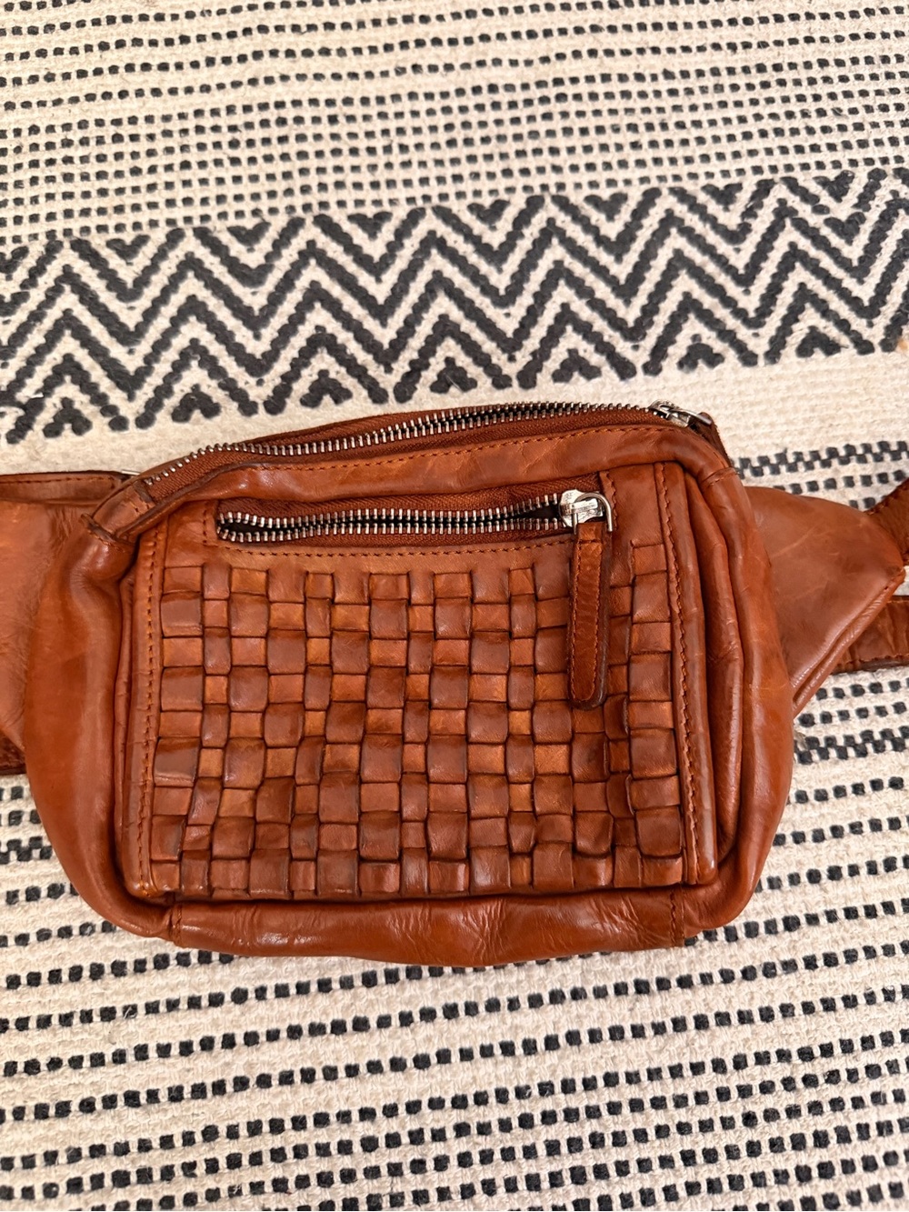 Women's Tan Woven Leather Crossbody Belt Bag